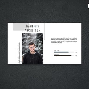 May include: A presentation slide with a monochrome design. The slide displays the name "CHARLIE GREEN ARCHITECH". A photograph of a man wearing glasses is on the left. Text and progress bars are on the right side of the slide.