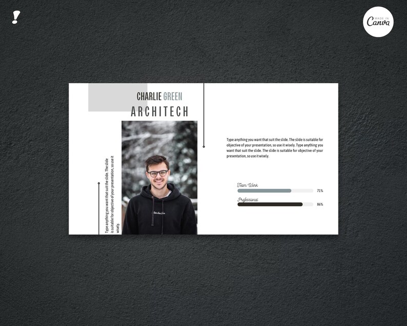 May include: A presentation slide with a monochrome design. The slide displays the name "CHARLIE GREEN ARCHITECH". A photograph of a man wearing glasses is on the left. Text and progress bars are on the right side of the slide.