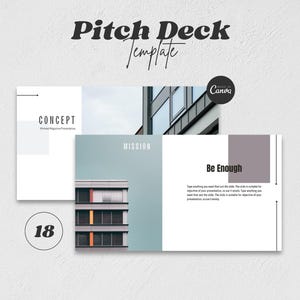 May include: A pitch deck template with the text "Pitch Deck Template" in a bold, stylized font. The template includes slides with the words "Concept", "Mission", and "Be Enough". The template is marked as "Made in Canva".