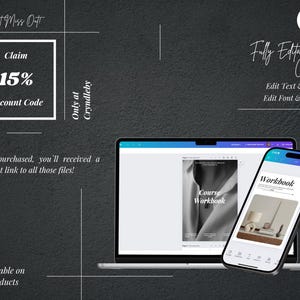 May include: A laptop and smartphone showing a course workbook design. The image includes text: "Claim 15% Discount Code" and "Fully Editable on Canva". The background is dark grey with white text.