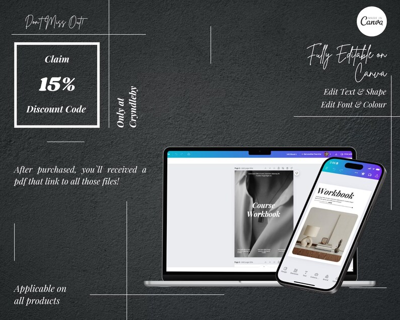 May include: A laptop and smartphone showing a course workbook design. The image includes text: "Claim 15% Discount Code" and "Fully Editable on Canva". The background is dark grey with white text.