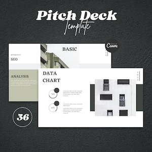 May include: A digital presentation template with the text "Pitch Deck Template" in white script. The design includes slides with architectural images, data charts, and the Canva logo. The number "36" is in a white circle.