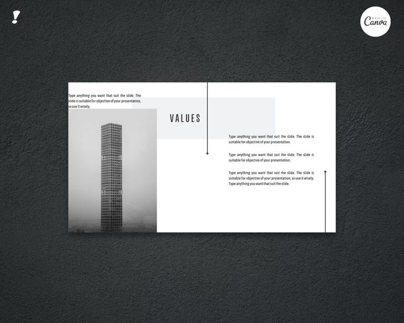 May include: A monochrome presentation slide featuring the word "VALUES" and a skyscraper image. The slide has placeholder text and a dark grey background. The Canva logo is in the top right corner.