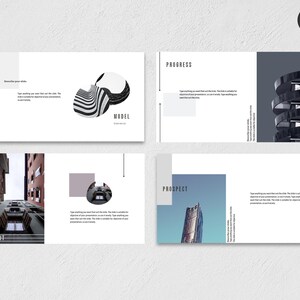 May include: A set of four presentation slides with a minimalist design. The slides incorporate geometric shapes, architectural photographs, and text. The word "MODEL" is displayed on one slide, with "PROGRESS", "PROSPECT", and "ABOUT" on others.