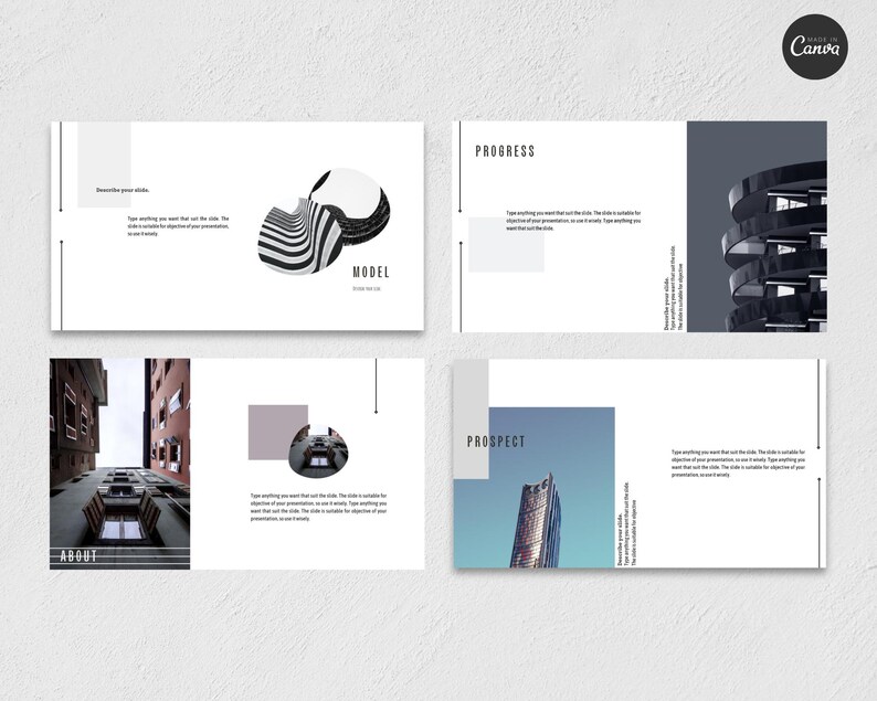 May include: A set of four presentation slides with a minimalist design. The slides incorporate geometric shapes, architectural photographs, and text. The word "MODEL" is displayed on one slide, with "PROGRESS", "PROSPECT", and "ABOUT" on others.