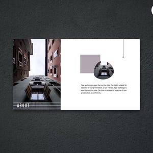 May include: A presentation slide with a dark grey background. The left side features a low-angle shot of buildings. The right side has text and a graphic. The word "ABOUT" is in white text. The Canva logo is in the upper right corner.