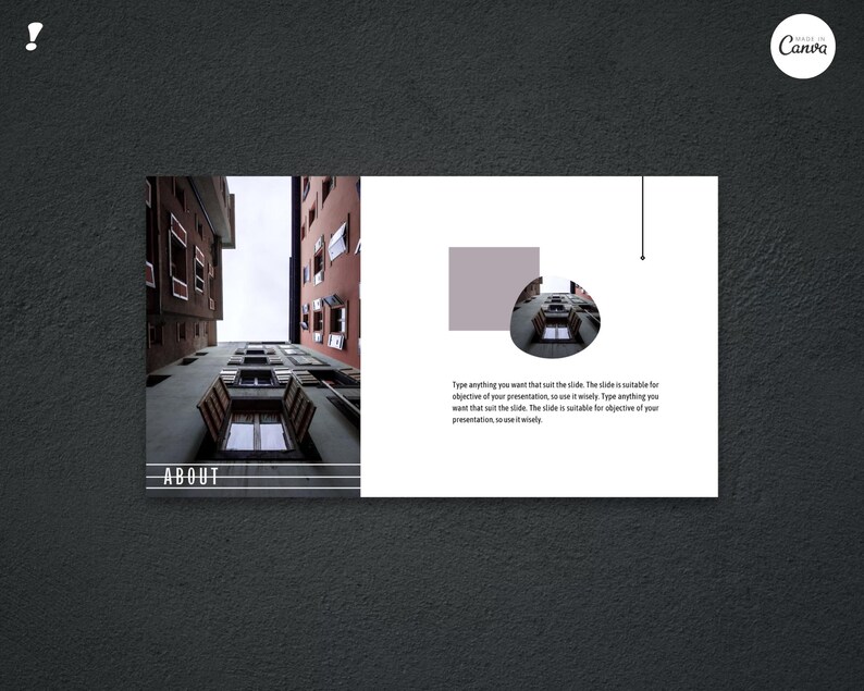 May include: A presentation slide with a dark grey background. The left side features a low-angle shot of buildings. The right side has text and a graphic. The word "ABOUT" is in white text. The Canva logo is in the upper right corner.