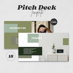May include: A digital presentation template with the text "Pitch Deck Template" in a stylish font. The template features slides with the words "Introduction" and "Product", and includes a photo of a person holding a camera.