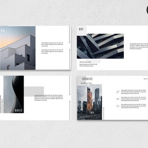 May include: A presentation template with four slides. The slides feature architectural and abstract images, with text boxes for content. The words "PLAN", "ART", "BASIC", and "SERVICE" are visible. The Canva logo is in the upper right corner.