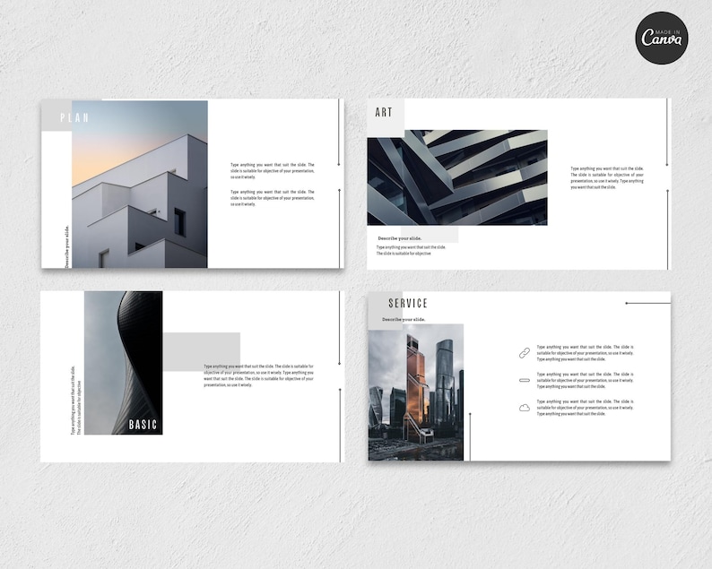 May include: A presentation template with four slides. The slides feature architectural and abstract images, with text boxes for content. The words "PLAN", "ART", "BASIC", and "SERVICE" are visible. The Canva logo is in the upper right corner.