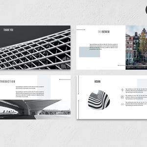 May include: A presentation template with four slides. The slides include the titles "Thank You", "The Overview", "Introduction", and "Vision". The design features architectural and abstract graphics, with a colour palette of black, white, and grey.