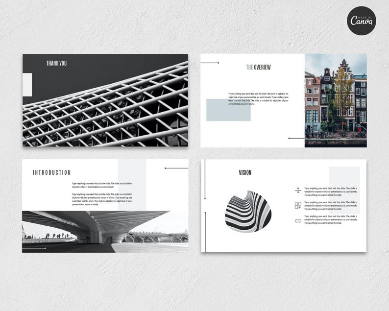 May include: A presentation template with four slides. The slides include the titles "Thank You", "The Overview", "Introduction", and "Vision". The design features architectural and abstract graphics, with a colour palette of black, white, and grey.