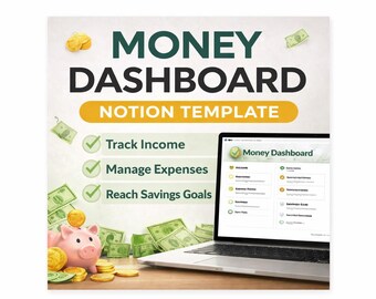 Plantilla de panel de control de Notion Money: Planificador de presupuesto, seguimiento de gastos e ingresos, objetivos de ahorro y sistema de finanzas personales.