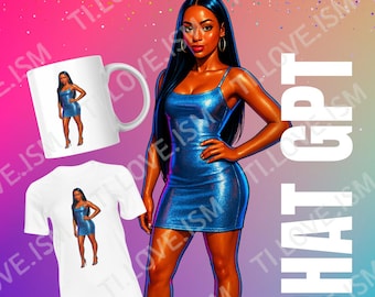 May include: Digital pop art design featuring a woman in a blue dress, also printed on a white mug and t-shirt. The image includes the text "10 Glossy Digital Pop Art Prompts" and "CHAT GPT". The background is a gradient of pink, purple, and green.