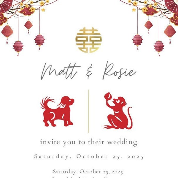 Chinese Horoscope Zodiac Wedding, RSVP, or Tea Ceremony Invitation Customizable Canva Template Minimal Elegant Red Paper Cutout Animals