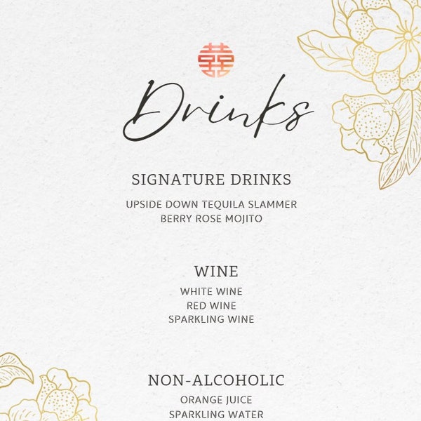 Chinese Wedding Bar Menu Simple Elegant Traditional Meets Modern and Cute Canva Editable Template For Your Special Day