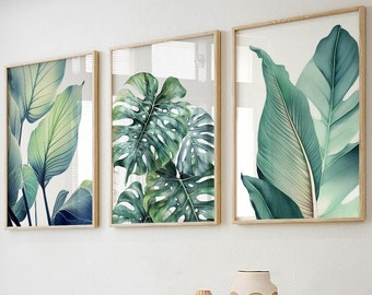 Printable tropical green leaves art set of 3. Botanical greenery gallery wall art prints. Modern nature wall art set