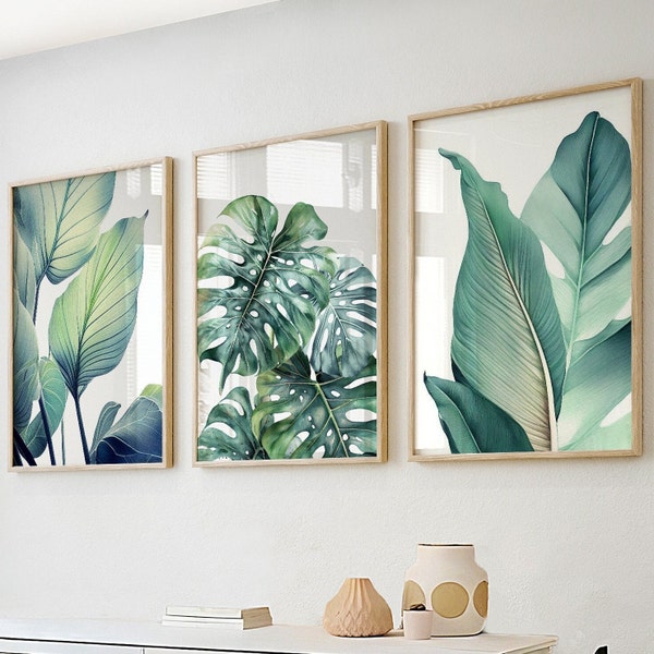 Printable tropical green leaves art set of 3. Botanical greenery gallery wall art prints. Modern nature wall art set