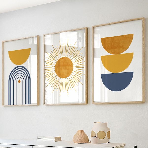 Ensemble d'art mural moderne bleu jaune abstrait du milieu du siècle de 3. Décor de chambre esthétique minimaliste coloré Boho. Affiches murales de grande galerie