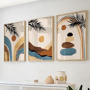 Blue beige boho landscape wall set of 3 print. Bohemian landscape poster. Mid century modern neutral abstract nature gallery wall set