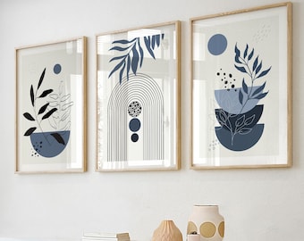 Navy blue boho wall art set of 3 prints. mid century modern room decor, botanical poster. Abstract plants gallery wall set, blue boho prints