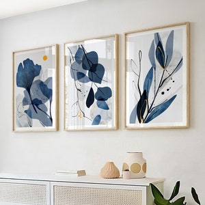 Navy blue watercolor botanical nordic printable art set of 3. Indigo large abstract leaves gallery wall art