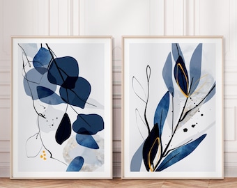 Navy blue botanical printable art set of 2. Indigo large abstract leaves gallery wall art, minimalist abstract nature print set