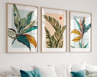 Colorful botanical wall art set of 3 prints. Modern tropical leaves gallery wall art prints. Bright botanical wall art set