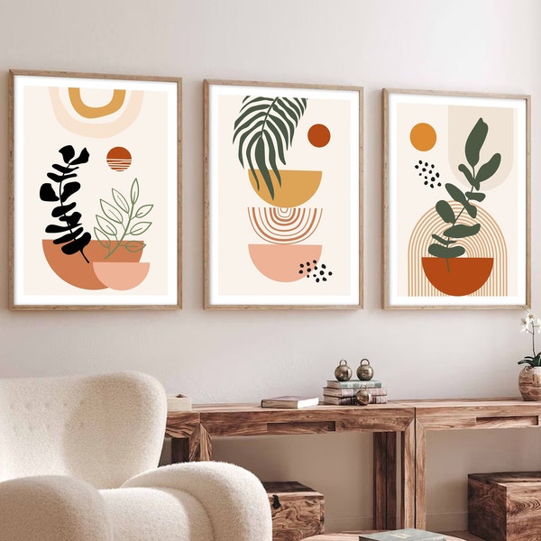 Conjunto de arte mural moderno imprimible de mediados de siglo de 3 impresiones. Póster botánico boho terracota beige verde Conjunto de pared de galería de plantas abstractas boho