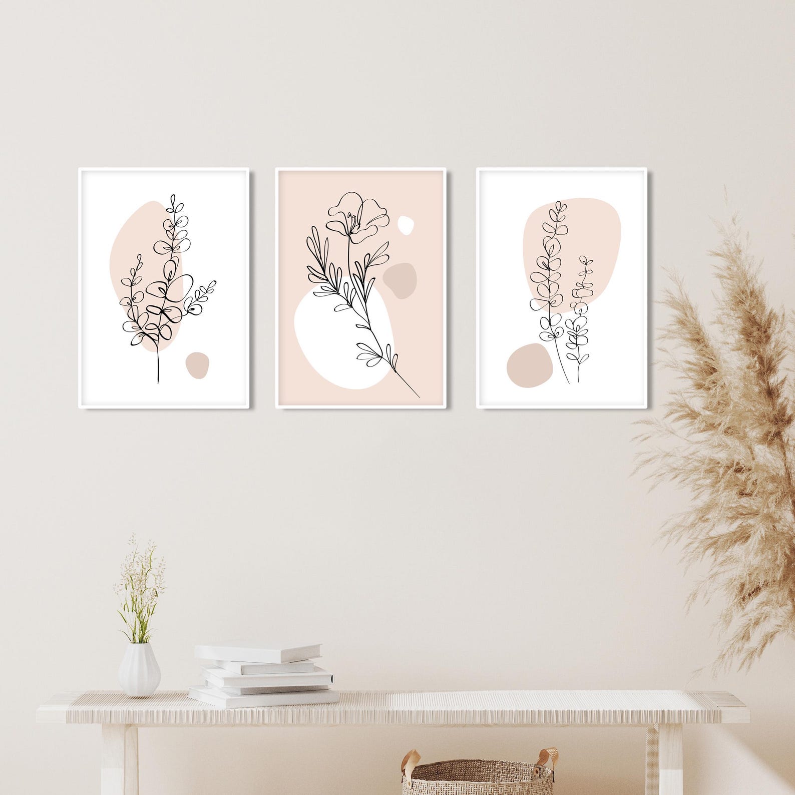Neutral Abstract Botanical Wall Art Set of 3 Prints. Beige Boho Floral ...