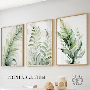 Modern tropical greenery gallery wall art set of 3 prints. Green palm leaves printable art. Nature wall art set aesthetic room decor
