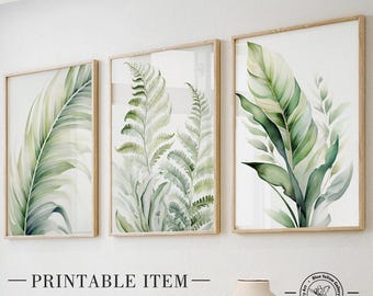 Modern tropical greenery gallery wall art set of 3 prints. Green palm leaves printable art. Nature wall art set aesthetic room decor