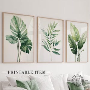 Green tropical leaves art set of 3 prints. Modern botanical greenery gallery wall set prints. Nature wall art set, palm leaf above bed decor