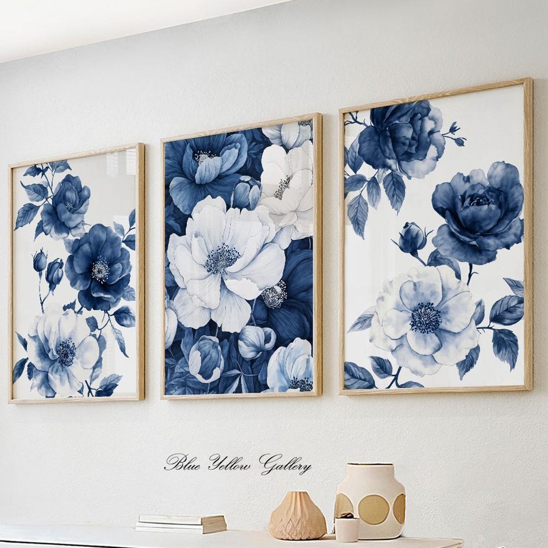 Navy Blue Floral Gallery Wall Set of 3 Prints. Mid Century Modern ...