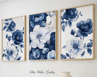 Juego de 3 láminas florales para pared en azul marino. Decoración minimalista de mediados de siglo. Decoración rústica botánica campestre.