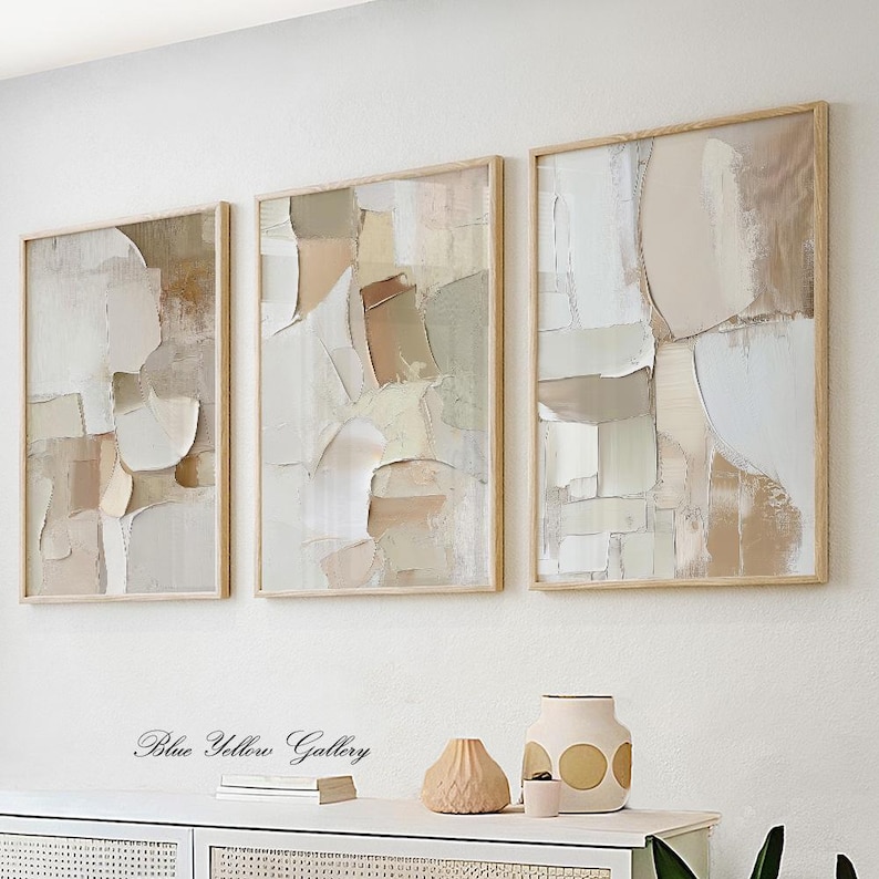 Neutral Beige Minimalist Abstract Wall Art Set of 3 Prints. Pastel ...