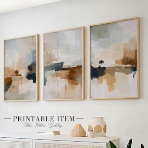 Neutral Brown Blue Abstract Brush Wall Art Set of 3. Modern Nordic Abstract Nature Gallery Wall Set. Above Bed Decor, Simple Abstract Art