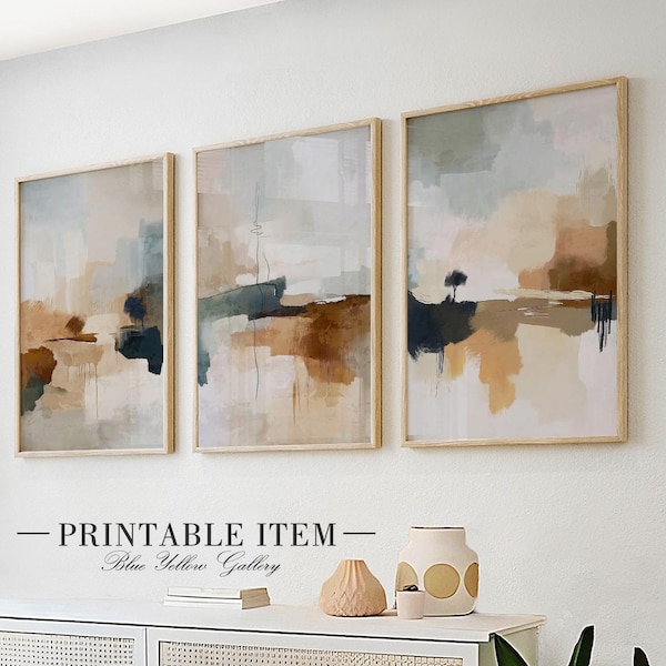 Neutral Brown Blue Abstract Brush Wall Art Set of 3. Modern Nordic Abstract Nature Gallery Wall Set. Above Bed Decor, Simple Abstract Art
