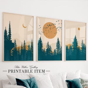 Mid century mountain wall art set of 3, livingroom minimalist gallery wall art prints, boho above bed wall art.