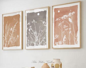 Neutral Wildflower Wall Art Set of 3, Rustic Botanical Prints, Farmhouse Boho Floral Posters