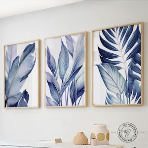 Juego de 3 láminas de arte mural con hojas de palmera tropical azul marino. Arte botánico moderno para pared, galería de vegetación. Decoración natural para cama.
