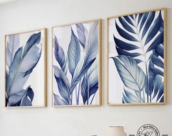 Navy blue tropical palm leaves wall art set of 3 prints. Modern botanical wall art, greenery gallery wall set. Nature above bed decor