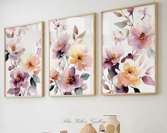 Set of 3 Floral Wall Art Prints, Blush Pink Botanical Gallery Set, Watercolor Flower Wall Decor, Living Room & Bedroom Art
