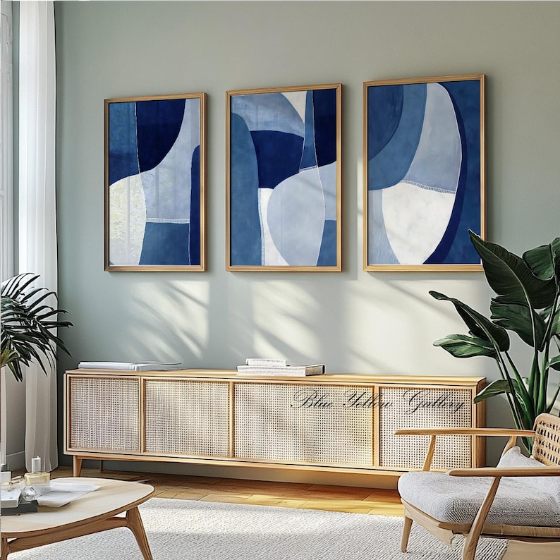 Navy Blue Abstract Set of 3 Print. Extra Large Wall Art, Modern ...