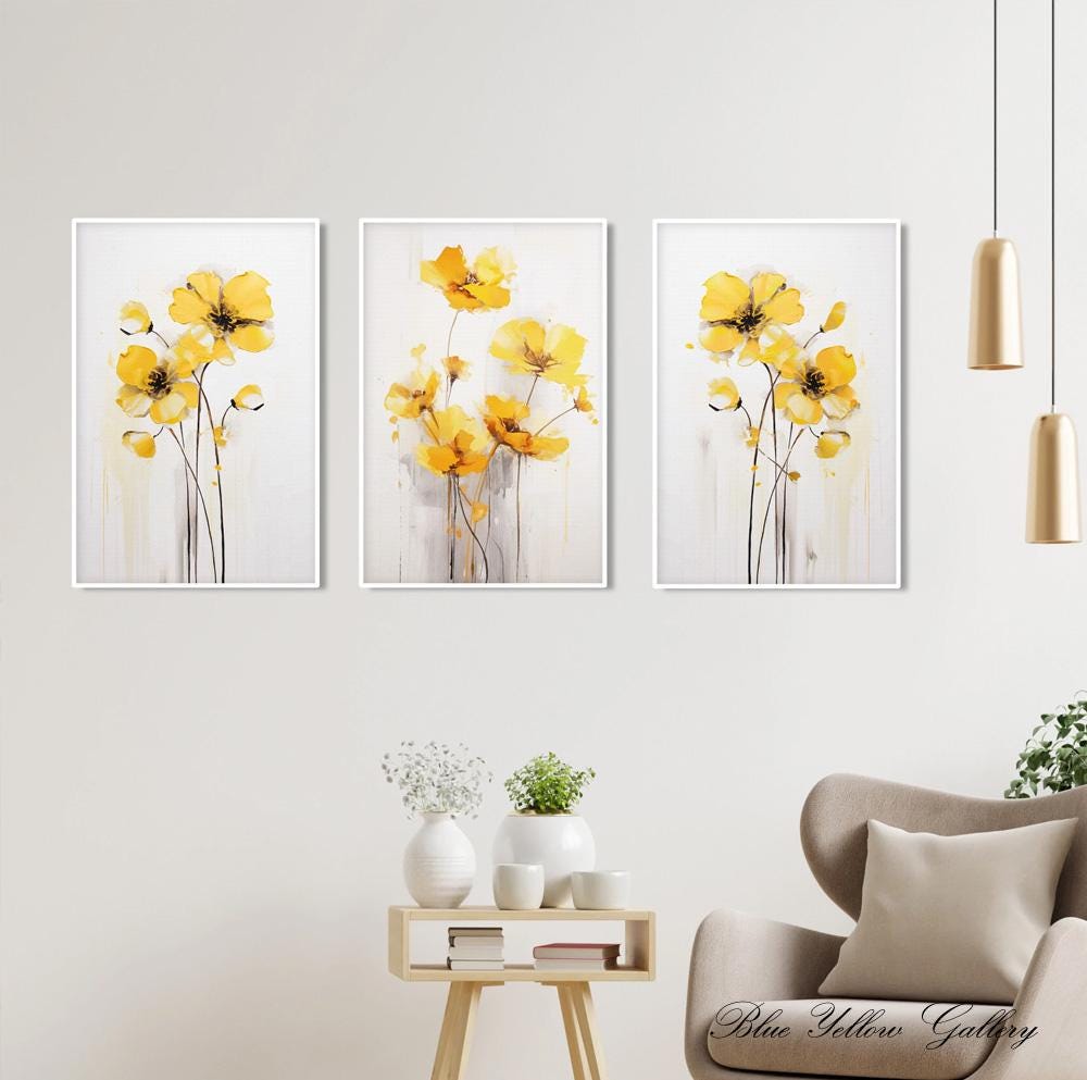 Yellow Minimalist Flowers Set of 3 Prints. Floral Gallery Wall Set ...