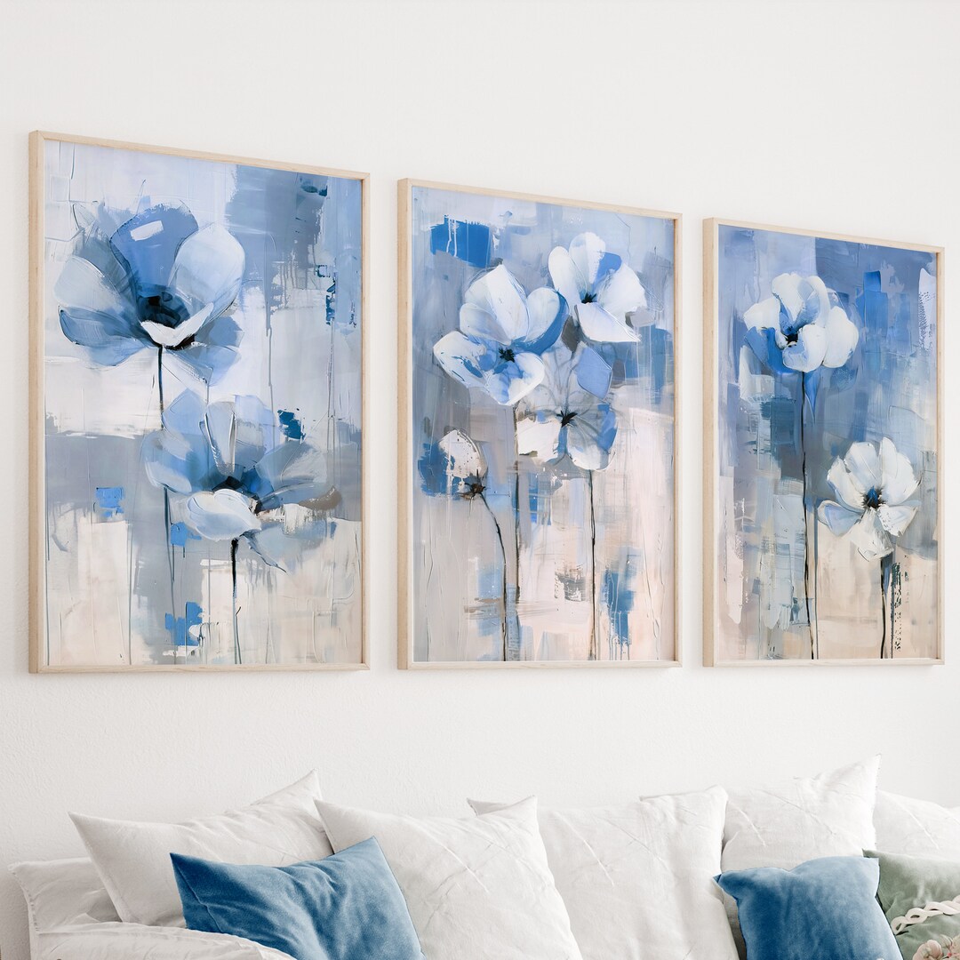 Blue Flowers Gallery Wall Set of 3 Prints. Floral Minimalist Botanical ...