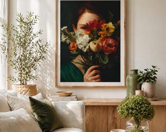 Vintage Woman Wall Art, Emerald Green Floral Feminine Print, Romantic Botanical Decor, Elegant Bedroom Wall Decor, Gift for Her