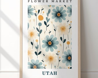 Utah vitage flower market print. USA flower market poster, boho aesthetic room decor, large wall art. Mid century botanical printable art