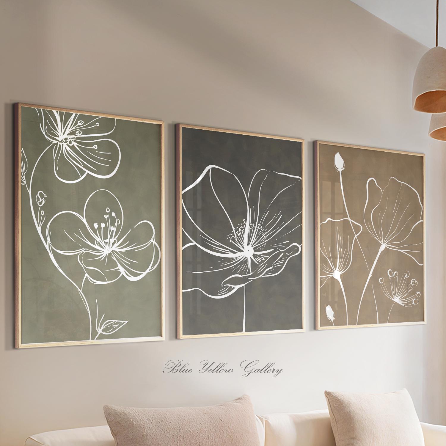 Neutral Botanical Wall Art Set of 3 Prints, Beige Sage Taupe Line Art ...