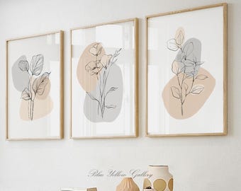 Minimalist Botanical Line Art Set of 3, Neutral Abstract Wall Art, Scandinavian Prints, Beige Modern Gallery Wall, Boho Minimal Decor